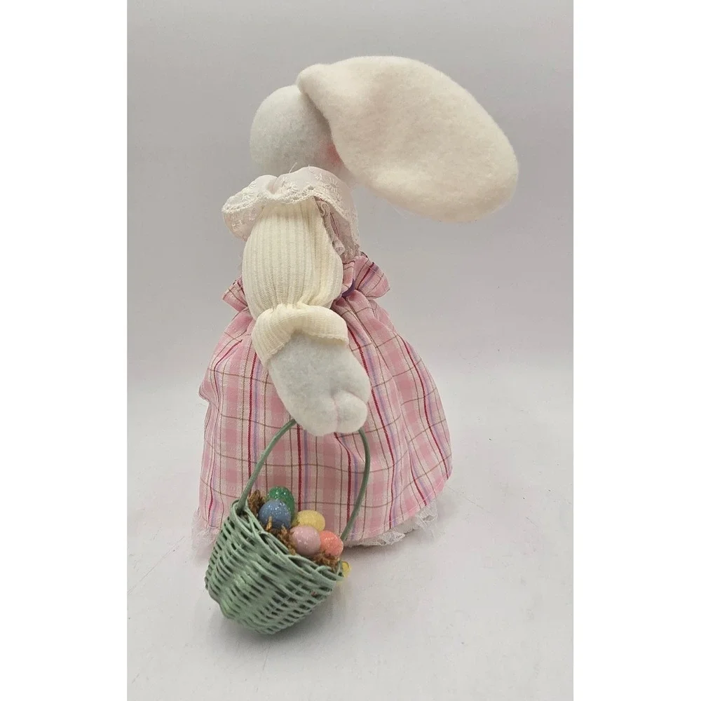 Vintage 2004 Avon Easter Bunny Plush Figurine Pink Plaid Dress Basket Decor